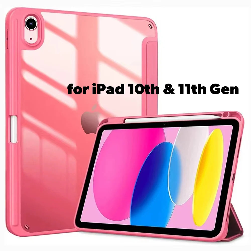 Solid Color Tablet Case for IPad (A16) 11inch 2025 10th 10.9Inch Clear Back TPU Shockproof Protector Cover with Pencil Holder