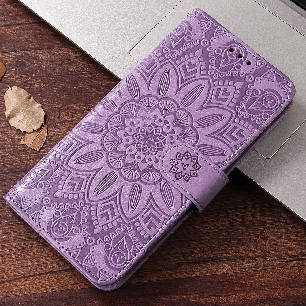 Magnetic Leather Wallet Flip Case for Samsung Galaxy S26 S25 Edge S24 S23 S22 S21 S20 S10 S10e S9 S8 Plus FE A07 Cover Sunflower