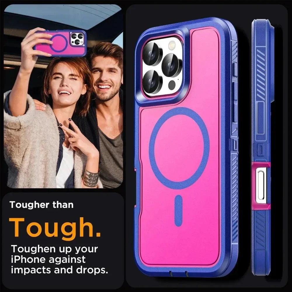 Premium Heavy Duty OTT Magnetic Armor Case for IPhone 17 16 15 14 Plus 13 12 Pro Max Anti-Slip Grip Charging Protect Cover Box