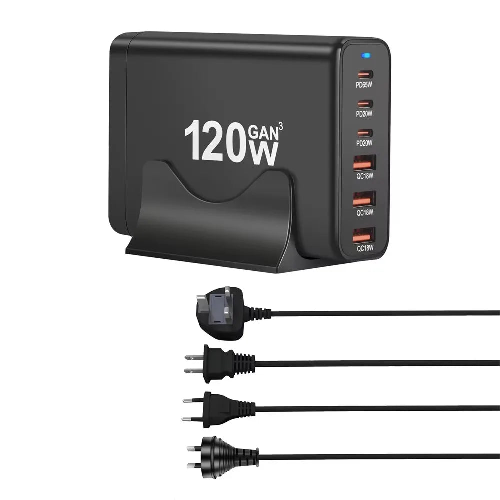 120W GAN Multi USB Charging Station 6-Port Hub Type-C Charger PD Fast Charging Smart Charger for iPhone Samsung Xiaomi