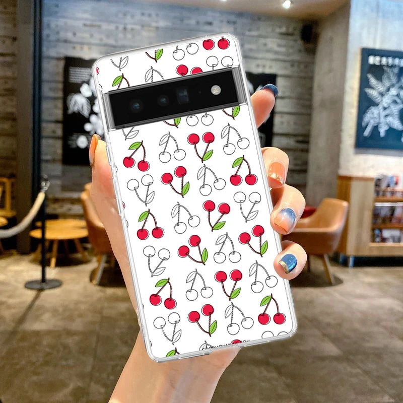 Cute Cherry Bow Phone Case For Google Pixel 9 8 7 6 Pro XL 8A 7A 6A 5 4 5A 4A 3A XL 5G soft Silicone Clear TPU Cover