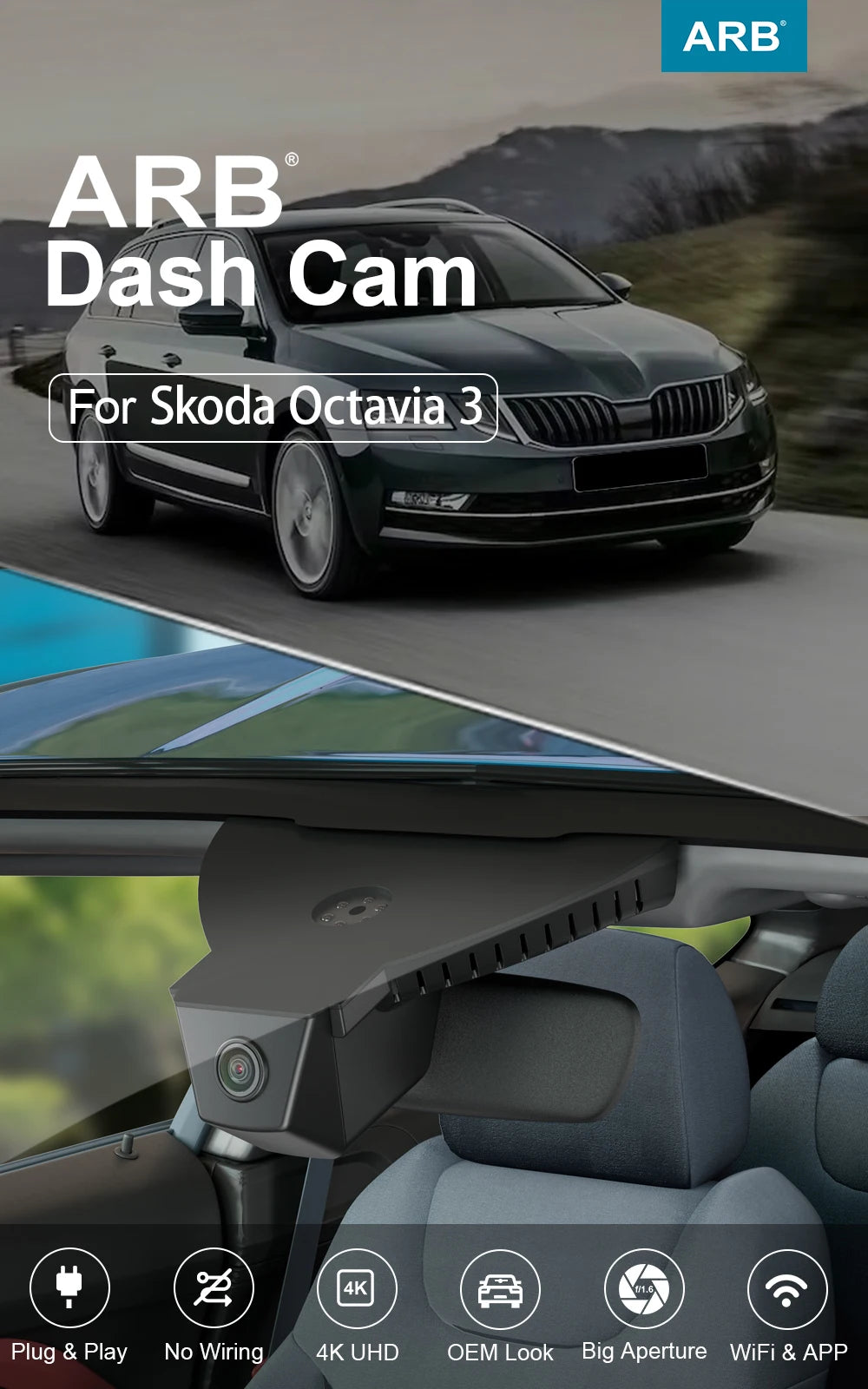 Dash Camera for Skoda Octavia 3 2013-2018/Kodiaq 2018-2023/SuperB III 2015-2019, ARB 4K OEM Style Car DVR For Skoda, APP Control