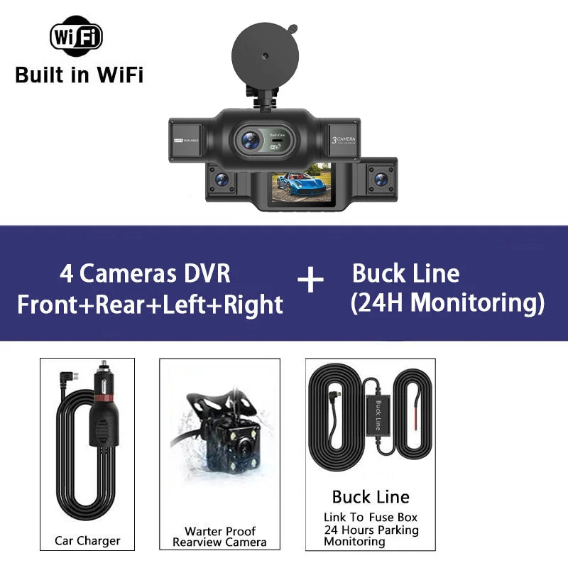 4Ch WiFi Dashcam car camera Black Box Driving DVR FHD 1080P Front Left Right Rear Night Vision Loop Recording Black Box