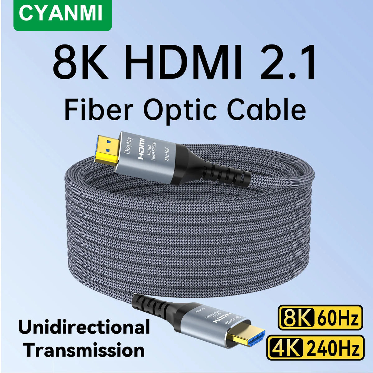 8K Fiber Optic HDMI Cable,2.1 Unidirectional 48Gbps HDMI 8K60Hz 4K120Hz HDR/eARC HDCP 2.2/3D Compatible for PS5 and DVD Player