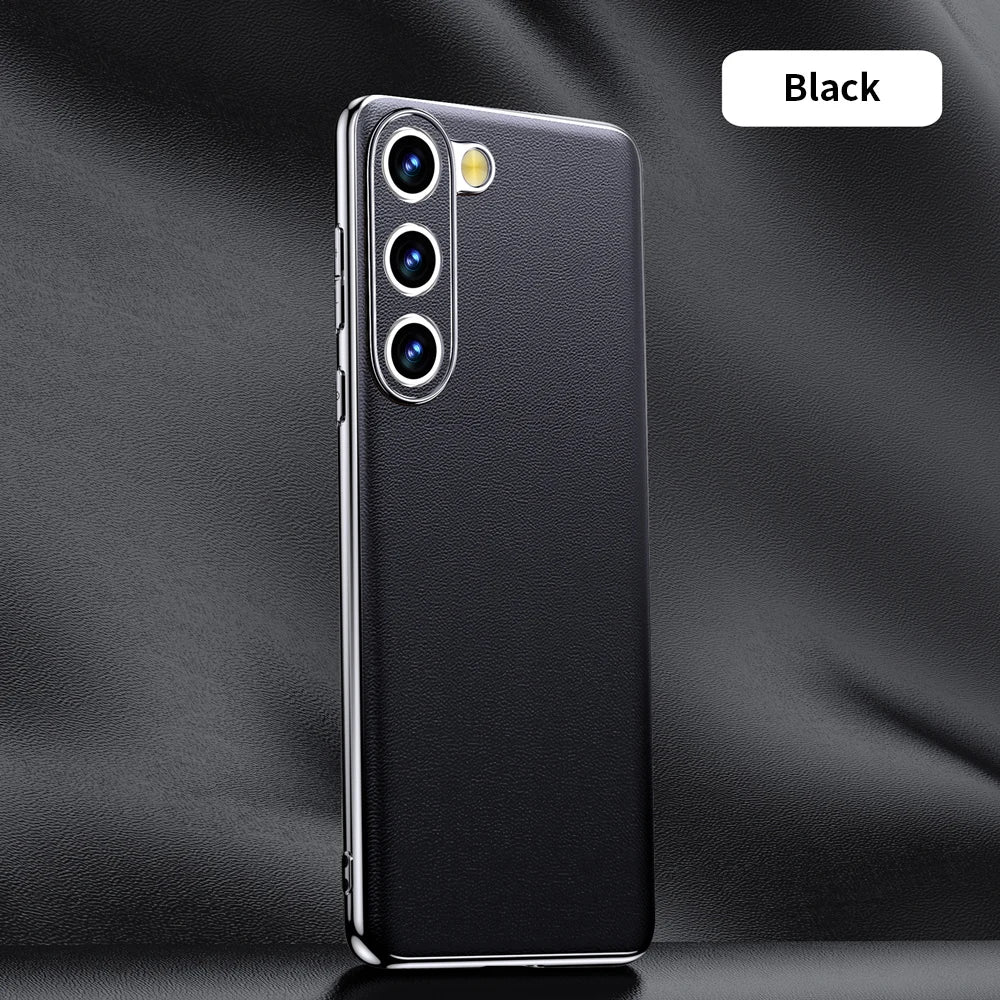 Genuine Cowhide Leather Phone Case for Samsung Galaxy S25 S24 S23 Ultra S22 Plus S21 Note 20 Plating Shockproof Protector Cover