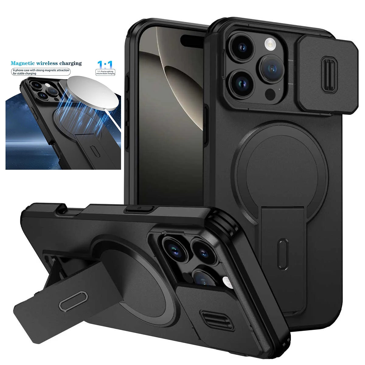 Heavy Duty Magnetic Camera Slide+Kickstand Phone Case For iPhone 16 15 14 13 12 11 Pro Max 16 15 14 Plus 13mini 12mini 16E17E 17