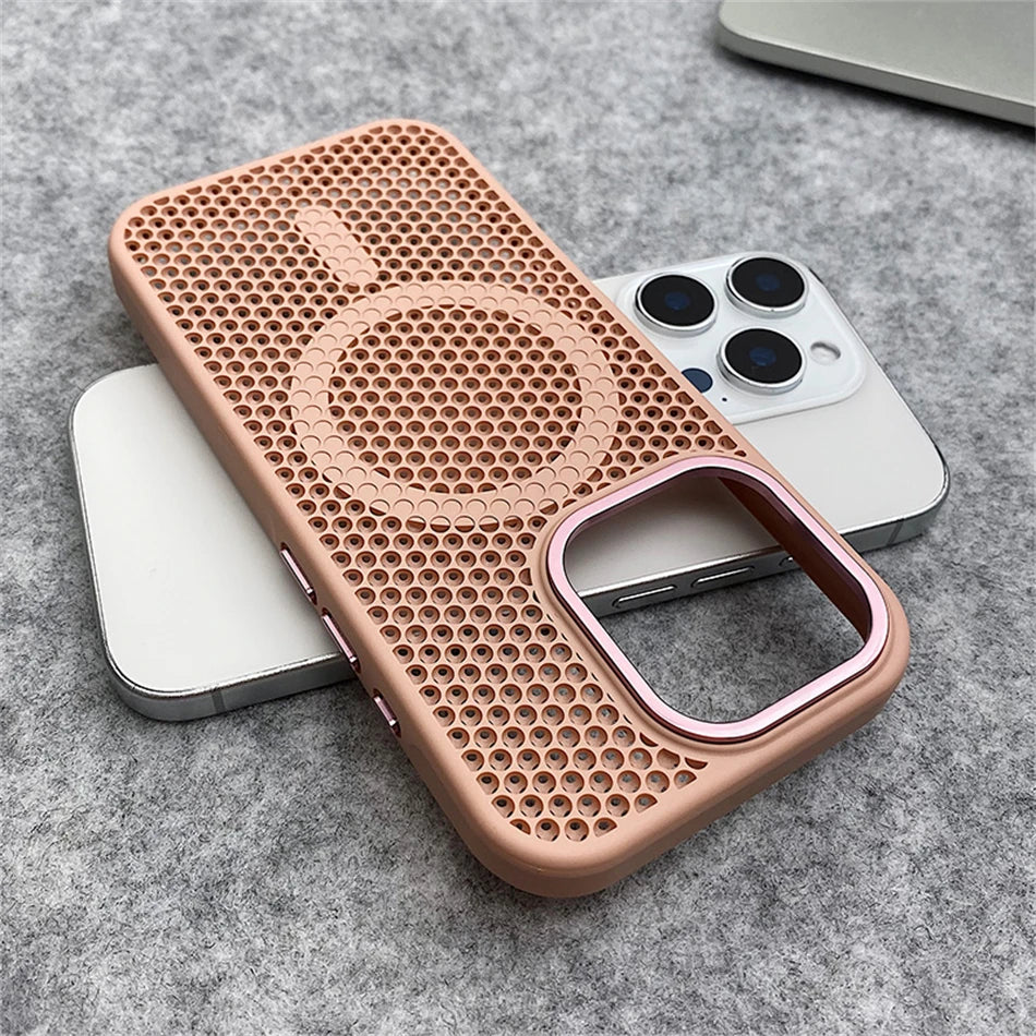 Heat Dissipation Mesh For Magsafe Magnetic Wireless Charge Case For iPhone 16 15 14 Plus 13 12 17 Pro Max Breathable Armor Cover
