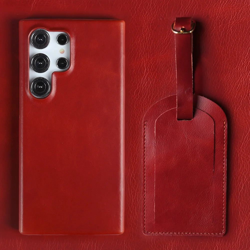 Luxury Business Genuine Leather Phone Case For Samsung Galaxy S25 Ultra S24FE S23 S22 S21 S20 Vintage Back Cover + Luggage Tag