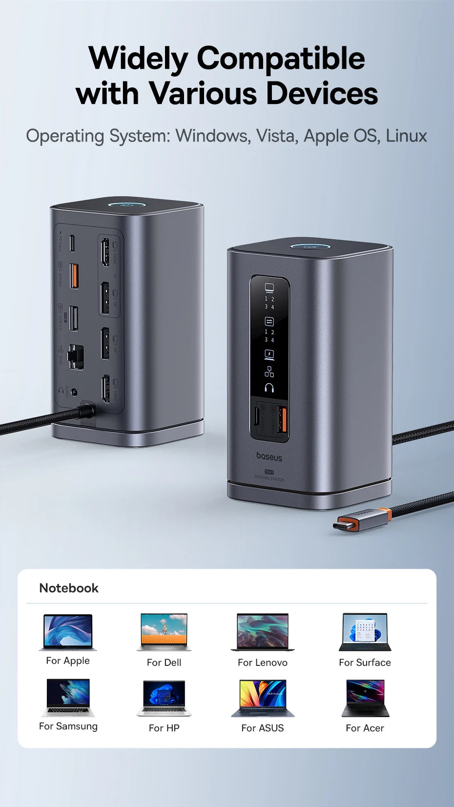 Baseus USB C Hub to DP 4K@60Hz HDMI DisplayPort 11-IN-1 Docking Station Triple Display RJ45 PD 100W For Window Mac USB 3.1 HUB