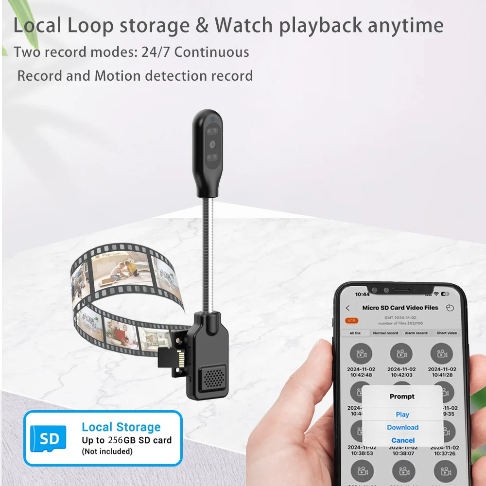 PNZEO Smart Flexible Gooseneck Baby & Pet Monitor Camera Motion Detection Two-Way Audio Home Security Camera