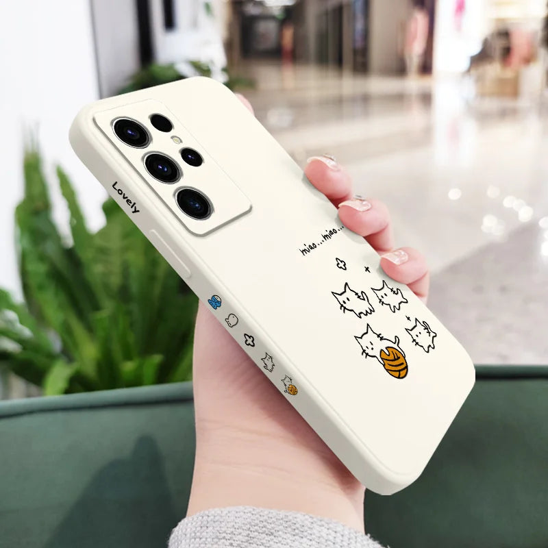 Cute Line Cat Phone Case For Samsung Galaxy S25 S24 S23 S22 S21 S20 S10 S10E Ultra Plus FE Note 20 Ultra 10 Plus Cover