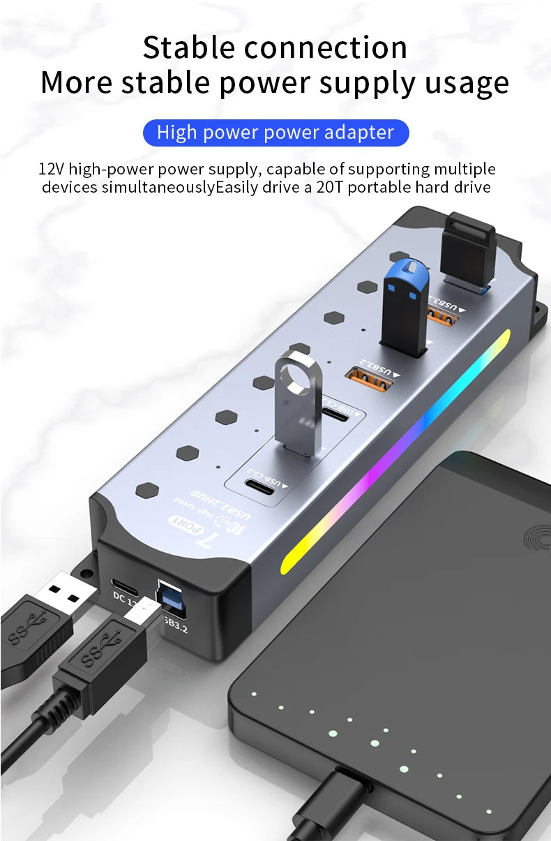 7Port USB 3.2 USB-C Hub 10Gbps USB-A USB-C Ports Splitter Individual Switches 12V US/EU Power Adapter Expander for Laptop PC