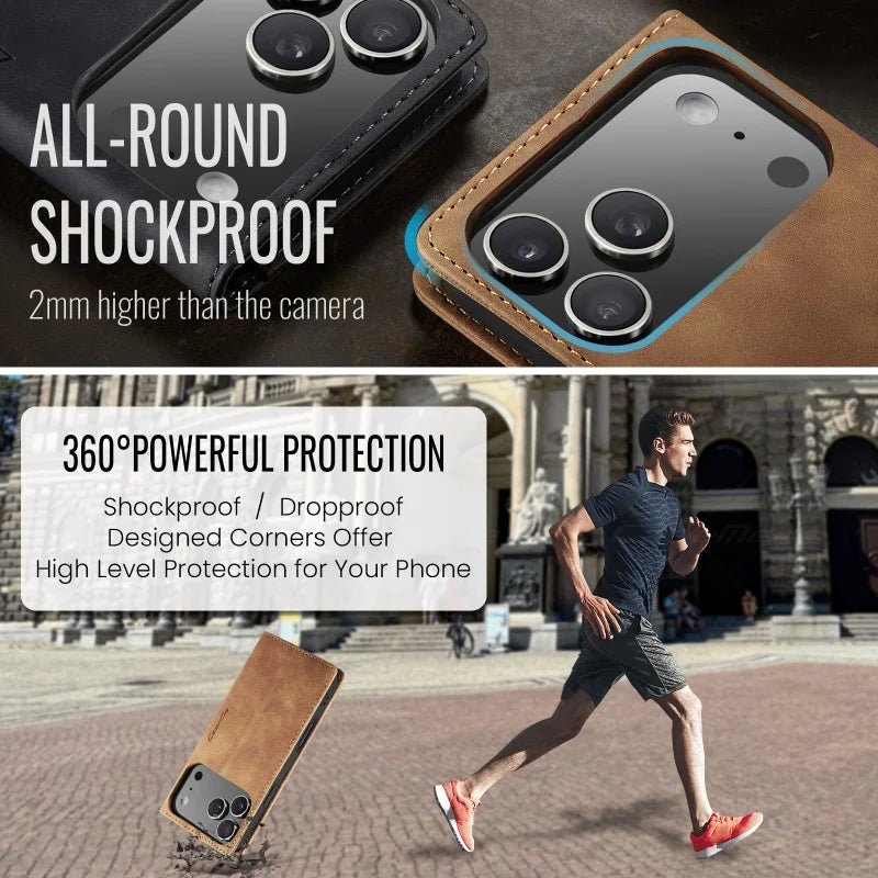 CaseMe Retro Magnetic Flip PU Leather Case for iPhone 17 Air 17 Pro 16 15 14 13 12 11 XS XR 8 7 6S 5 SE Wallet Cover Phone Coque