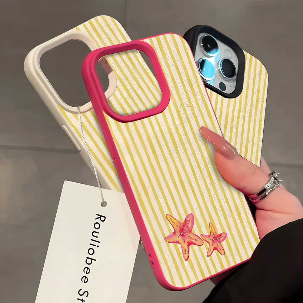 Cute Starfish Stripe Pattern Lychee Soft Phone Case For iPhone 11 12 13 14 15 Pro 16 17 Pro Max 15 14 Plus 17 Air X Xs XR Cover
