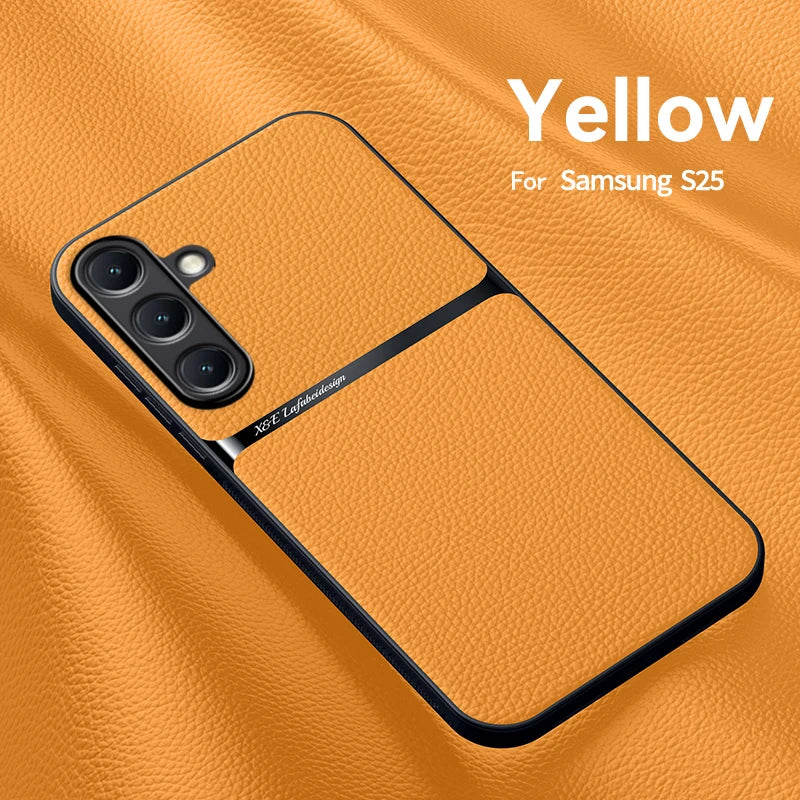 Back Leather Case Cover for Samsung Galaxy S25 S24 S23 Ultra Plus S25FE S24FE Car Holder Magnetic Leather Case Cellphone Coques