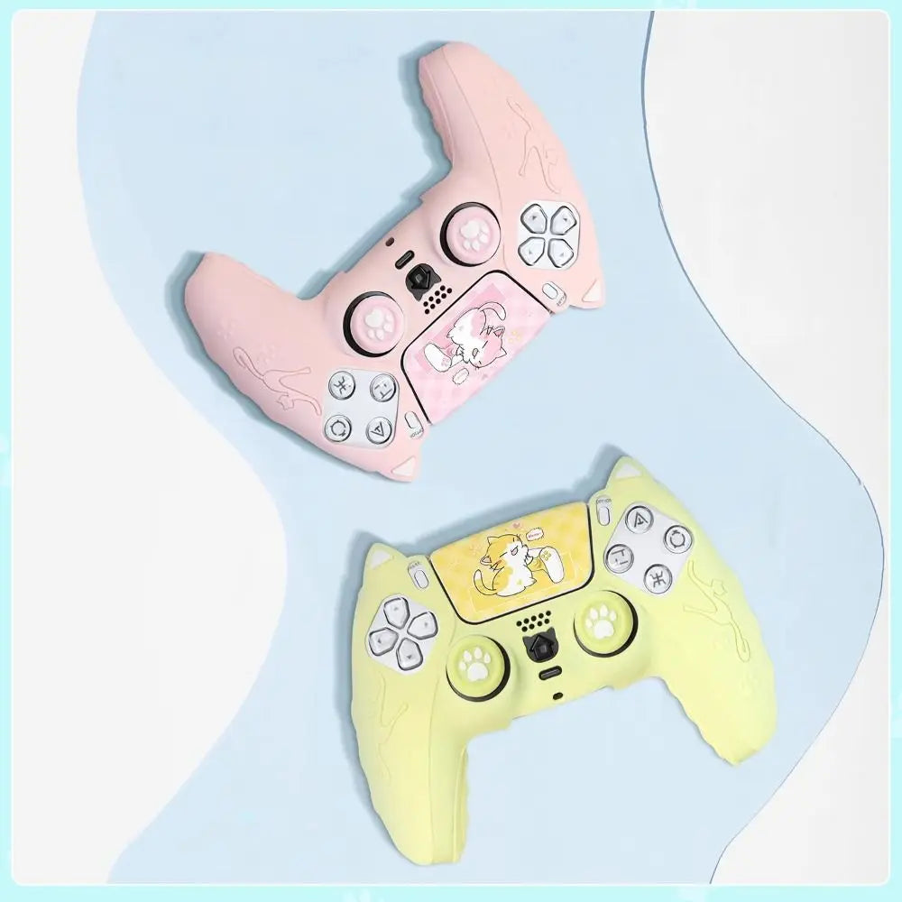 Silicone Controller Case Set Cat Paw with Sticker Controller Skin with Thumb Grip Caps Anti-slip Protective Shell Cover for PS5