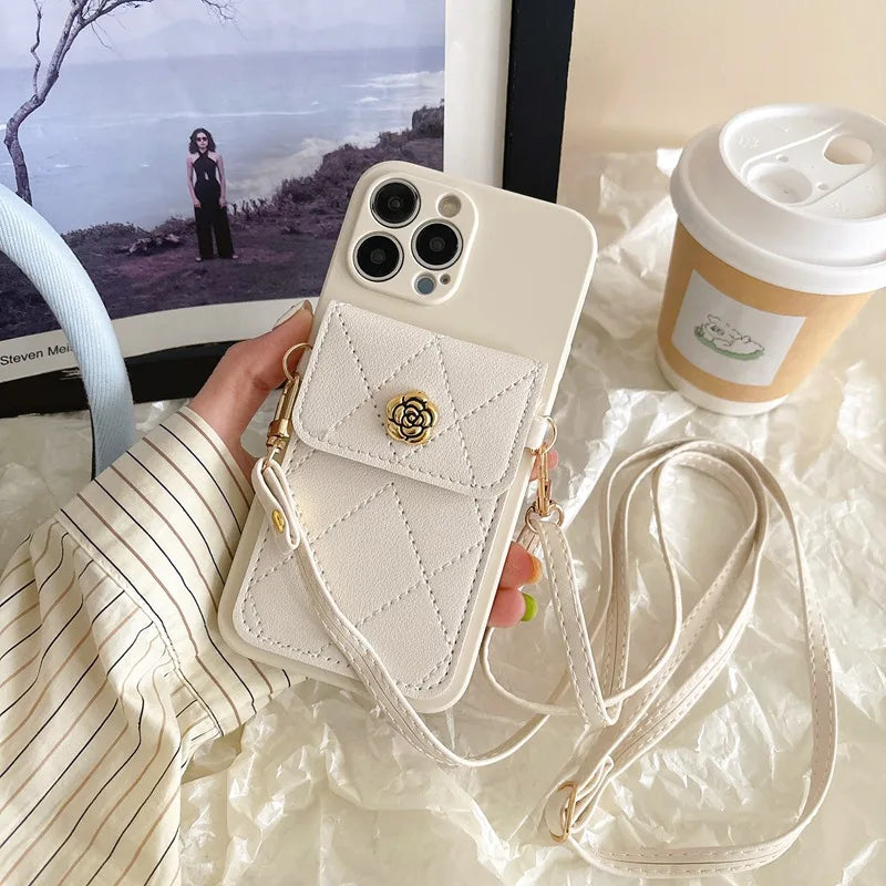 Crossbody Neckband Lanyard Phone Case for iPhone 15 14 11 12 13 Pro Max X XS XR 7 8 Plus Flower Leather Wallet Card Holder Cover