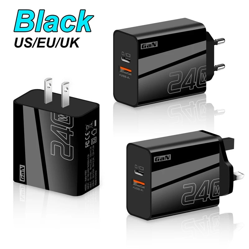 240W Fast Charger Double Ports USB Type-C Quick Charging Head QC3.0 Wall Charger Adapter EU/US/UK Plug For iPhone Samsung New