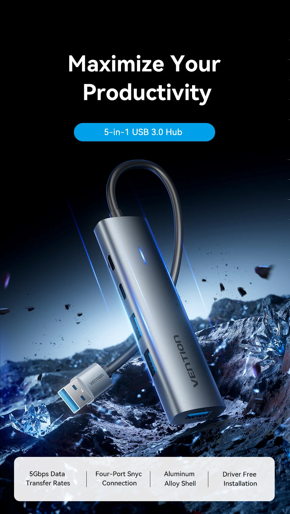 Vention USB A 3.0 HUB Metal Shell USB C 3.2 Gen 1 5Gbps Multi Adapter Splitter for Macbook Air Dell Lenovo PC Desktop Multi Hub