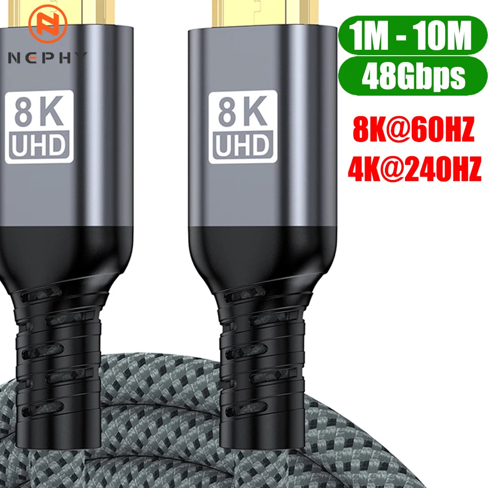 HDMI 2.1 Certified 48Gbps High Speed Cable For PS4 Xbox TV Box PC 1M 2M 3M 5M 7M 10M Nylon Cord 8K 60HZ 4K 240HZ HDR Dolby Atmos