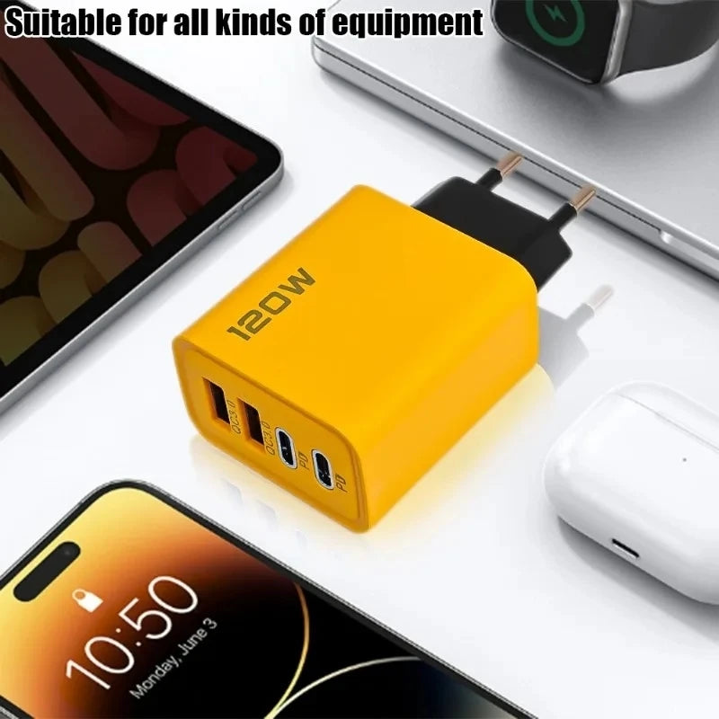 120W 4-Ports USB Type-C Charger Fast Charging Data Cable USB Phone Charger Adapter For Xiaomi IPhone17 16 15 Huawei Wall Charger