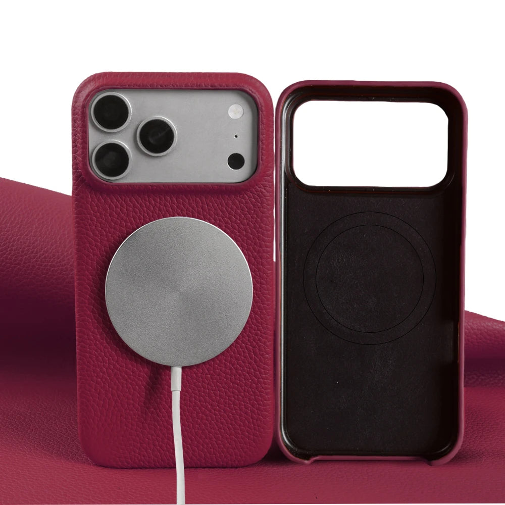 For Magsafe Magnetic Lychee Genuine Leather Case For iphone 17 Pro Max Air 13 14 15 16 Pro Max 16e 17e Phone Back Cover Cases