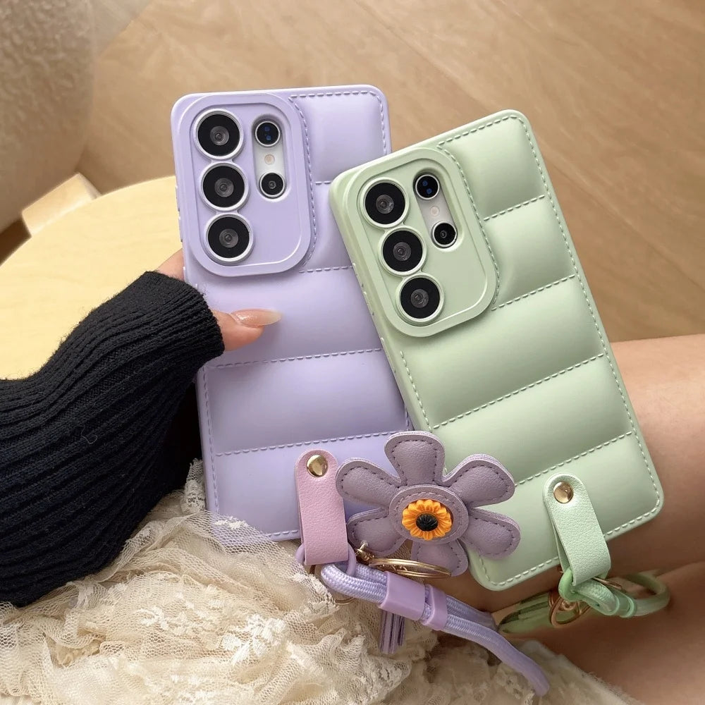 Soft Down Jacket Sunflower Case for Samsung Galaxy S26 S25 Ultra S24 S23 Plus S22 A55 A56 A16 A15 A35 Wrist Strap Lanyard Cover