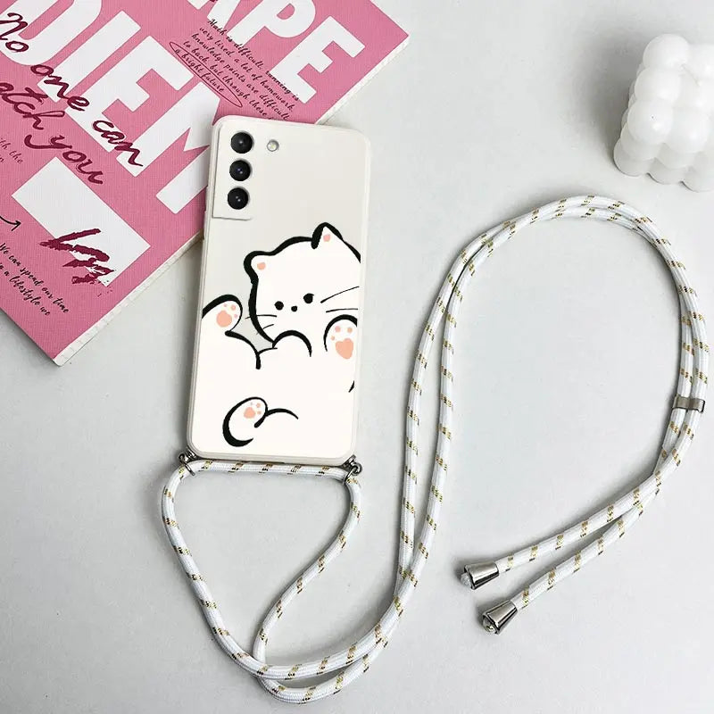 White Cloud Cat Crossbody Lanyard Silicone Phone Case For Samsung Galaxy S23 S23 Plus S22 S21 FE S21 S20 S9 Note 20 10 20 Cover