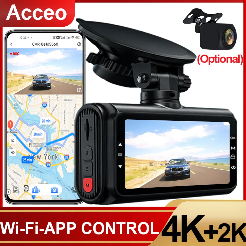 ACCEO Dash Cam 4k Front Lens Car Driving Recorder Built-in WiFi Optional 2K Rear Camera HD Night Vision Support GPS Car DVR