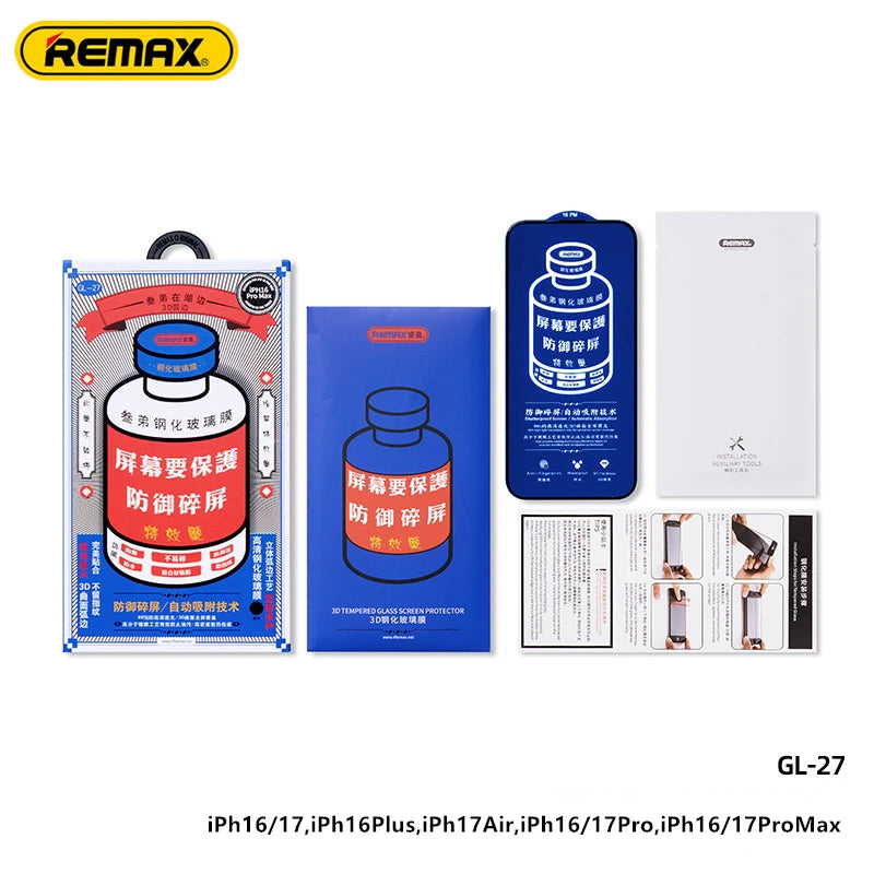 Remax HD Tempered Glass Screen Protector For iPhone 17 17Air 17Pro 17ProMax For iPhone 16 16Pro 16ProMax For 15/14/13 Series
