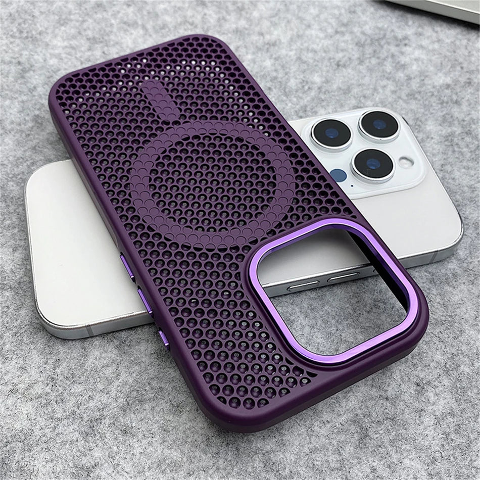 Heat Dissipation Mesh For Magsafe Magnetic Wireless Charge Case For iPhone 16 15 14 Plus 13 12 17 Pro Max Breathable Armor Cover