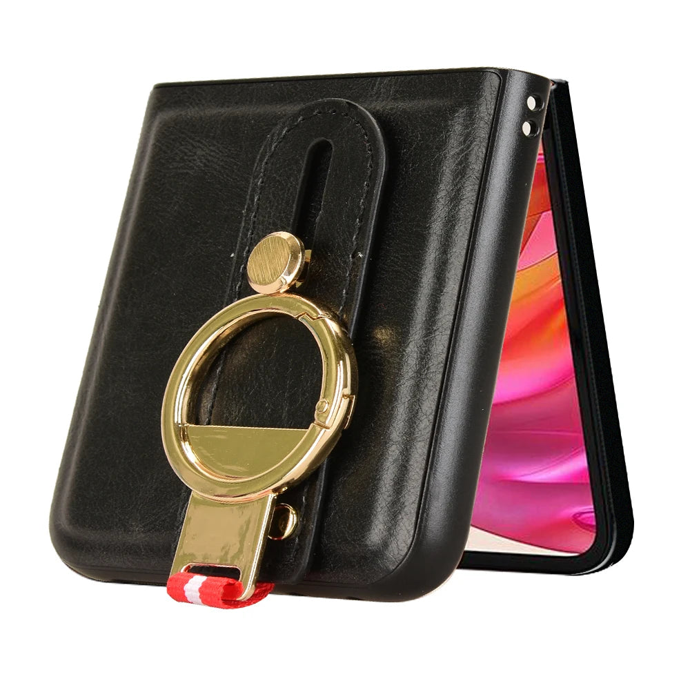 Luxury Wristband Leather Case for Motorola Razr 70 60 50 Ultra 2026 2025 2024 Moto Razr 40 Plus 2023 Cover Ring Opener Funda