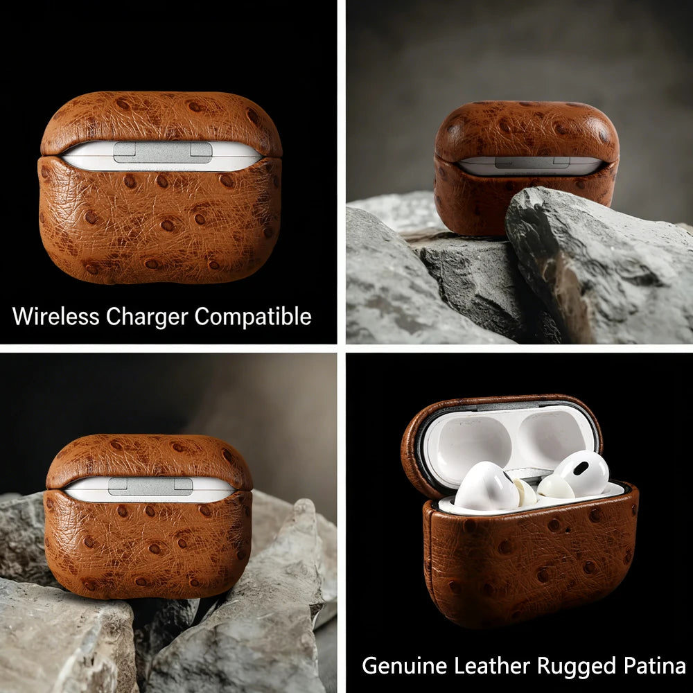 Luxury Ostrich Grain Leather Case For Airpods Pro 2 Cases airpods4 3 Wireless Bluetooth Headphone Earphone Box Protective Cover