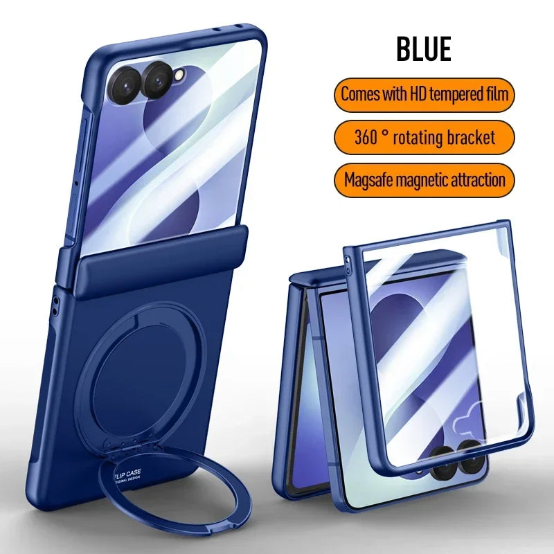 Magnetic Wireless Charging Matte Case For Samsung Galaxy Z Flip 8 7 With Rotating Bracket Hinge Tempered Film Shockproof Cover