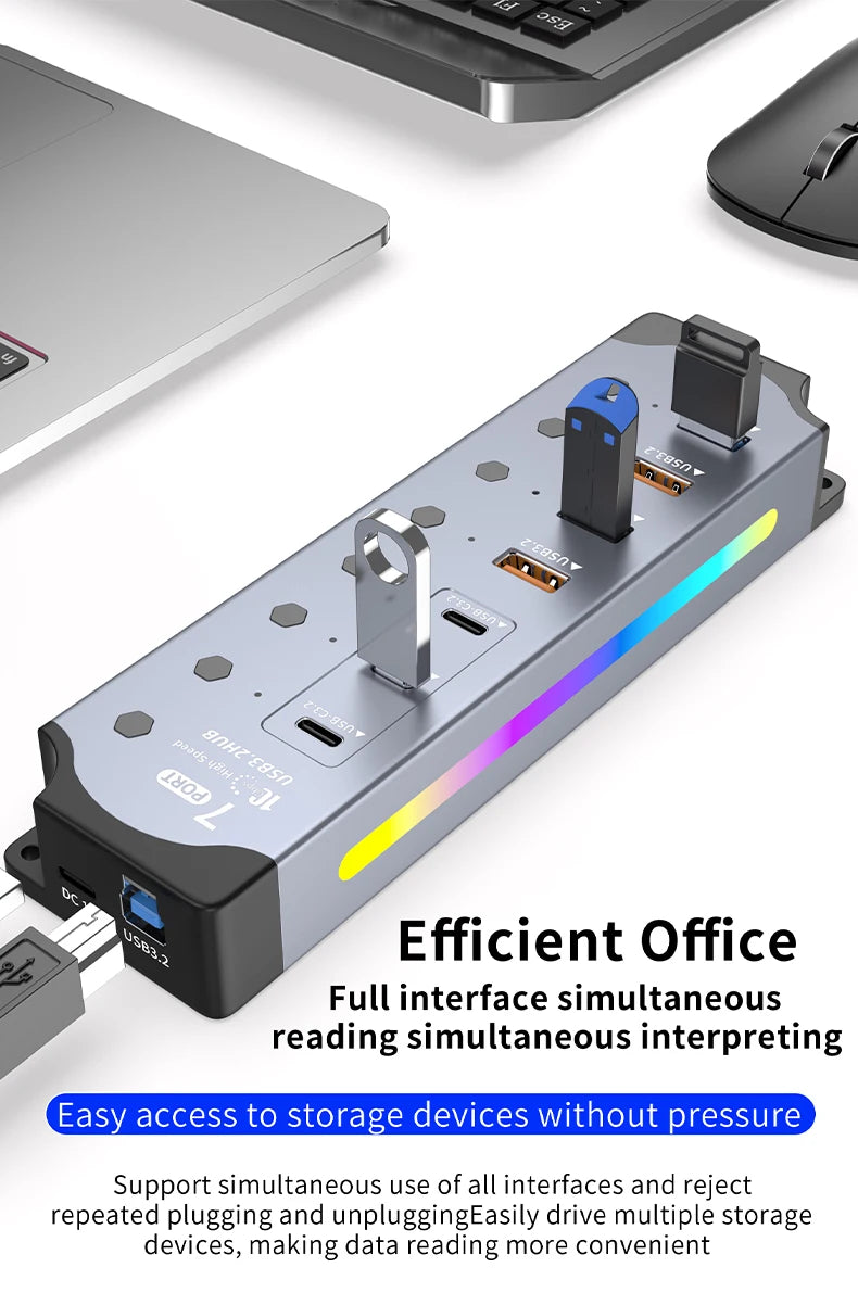 7Port USB 3.2 USB-C Hub 10Gbps USB-A USB-C Ports Splitter Individual Switches 12V US/EU Power Adapter Expander for Laptop PC