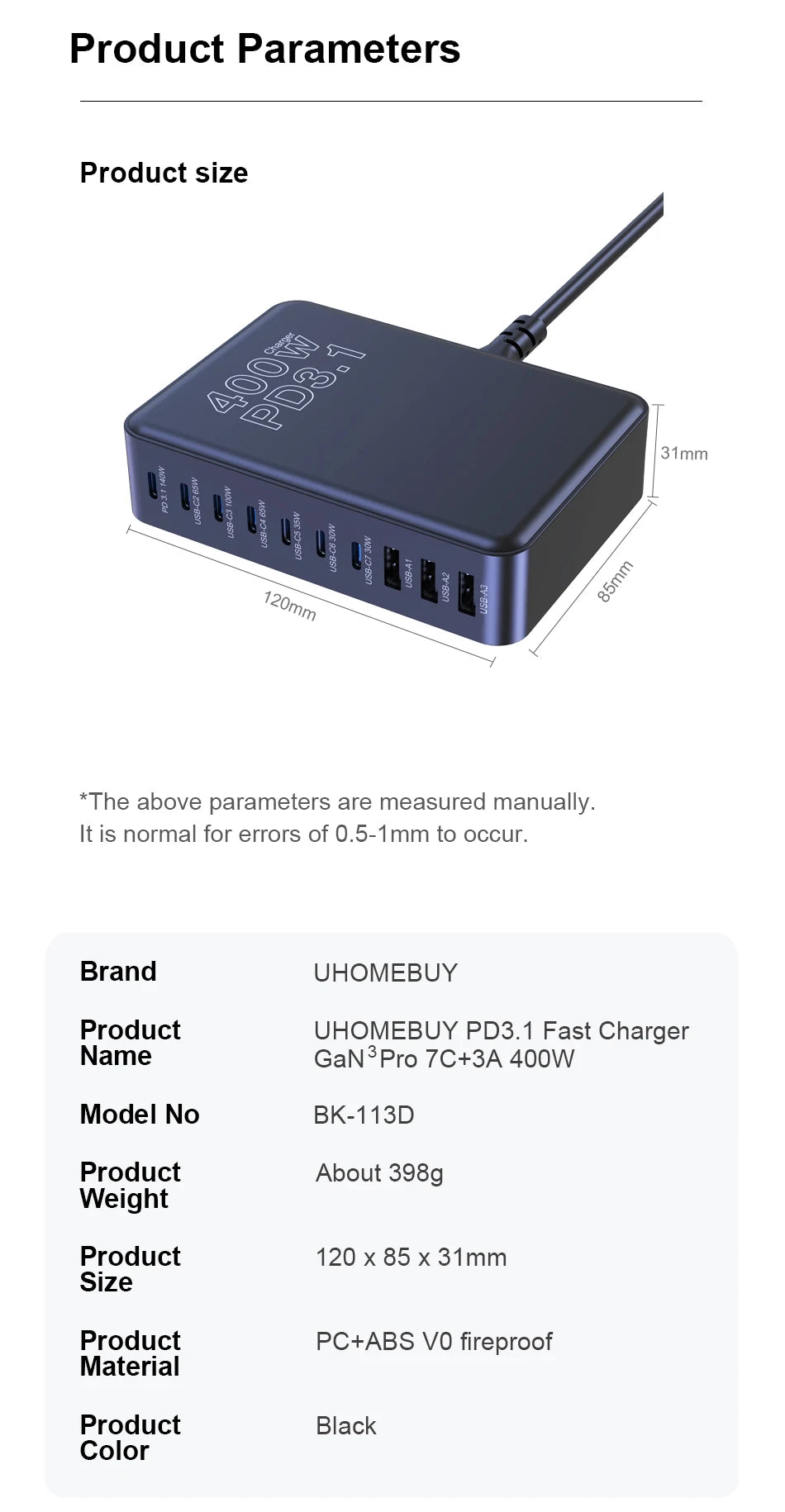 UHOMEBUY 400W USB C Charger 10-Ports GaN Charging Station 140W Max Single Port PD3.1 Fast Charger for MacBook Pro iPhone Samsung