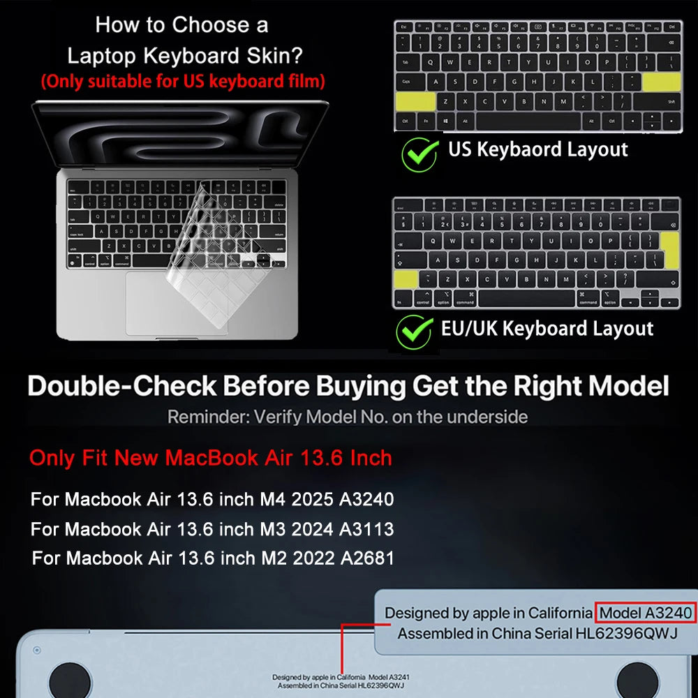 TPU Bumper Case Shockproof Hard Shell& Keyboard Protector For MacBook Air 13.6 Inch 2026-2022 M5 M4 A3240 / M3 A3113 / M2 A2681