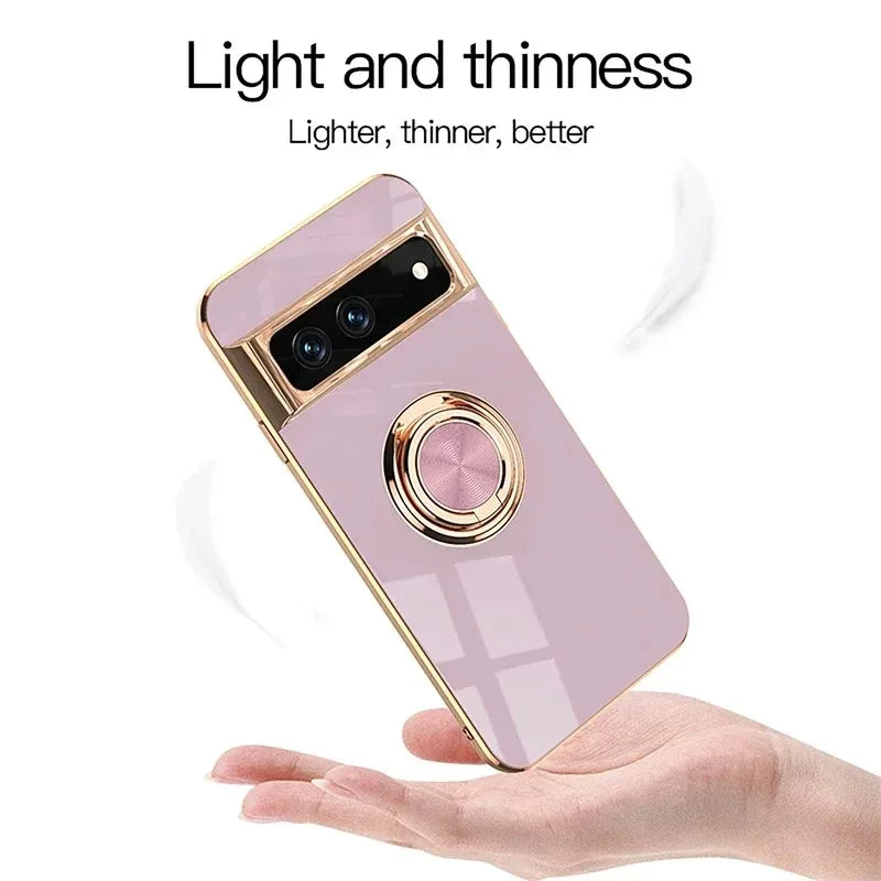 Stylish Plating Soft Silicon Shockproof Case for Google Pixel 10 9 8 7 Pro XL 9A 8A 7A Car Magnetic Ring Bracket Protect Cover