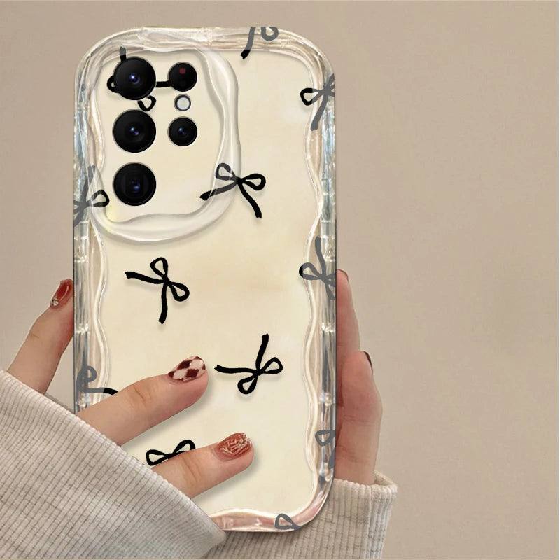 Black Bowknot Heart Phone Case for Samsung Galaxy S26 S25 S24 Ultra S23 S22 S21 S20 Plus FE A56 A55 A54 A35 A16 Silicone Cover