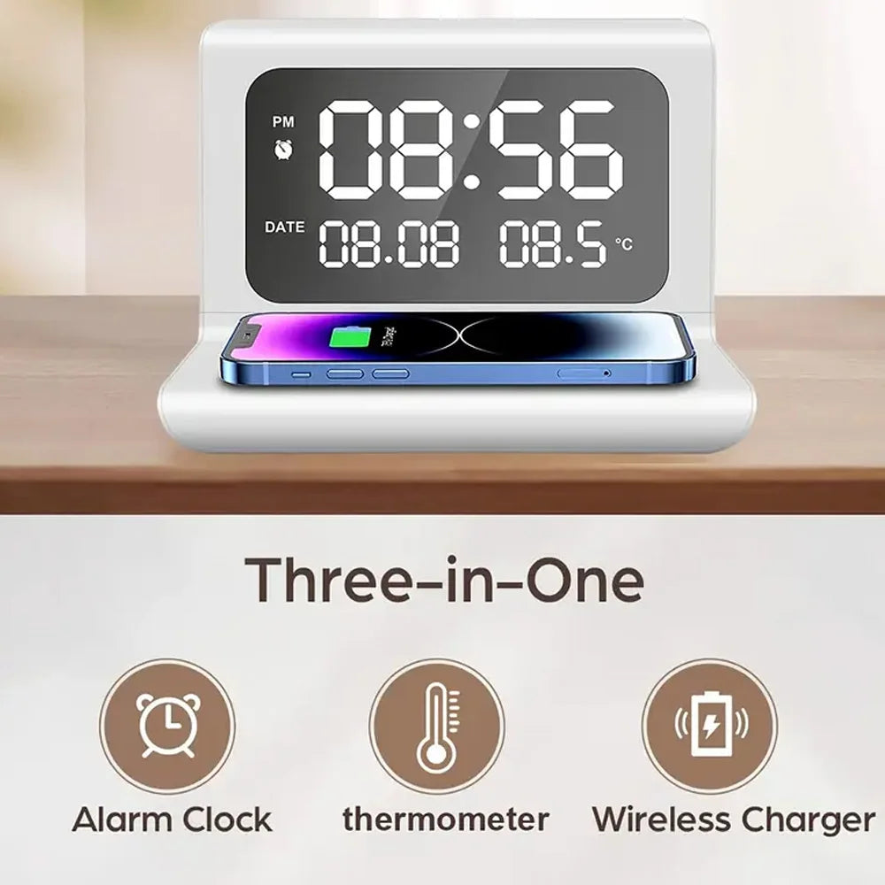 30W  Wireless Charger Stand with Alarm Clock & Thermometer | Compatible with iPhone 17-11/X, SamsungS25  , Xiaomi & All Qi Phone