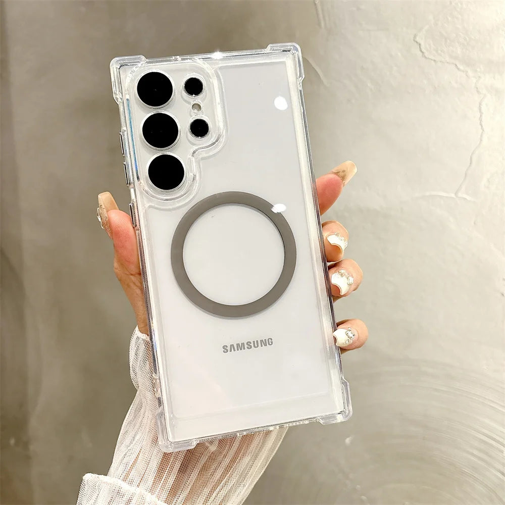 Transparent Armour Magnetic Case For Samsung S26 S25 S23 S24 Plus S21 S22 Ultra Corners Reinforced Shockproof Protection Cover