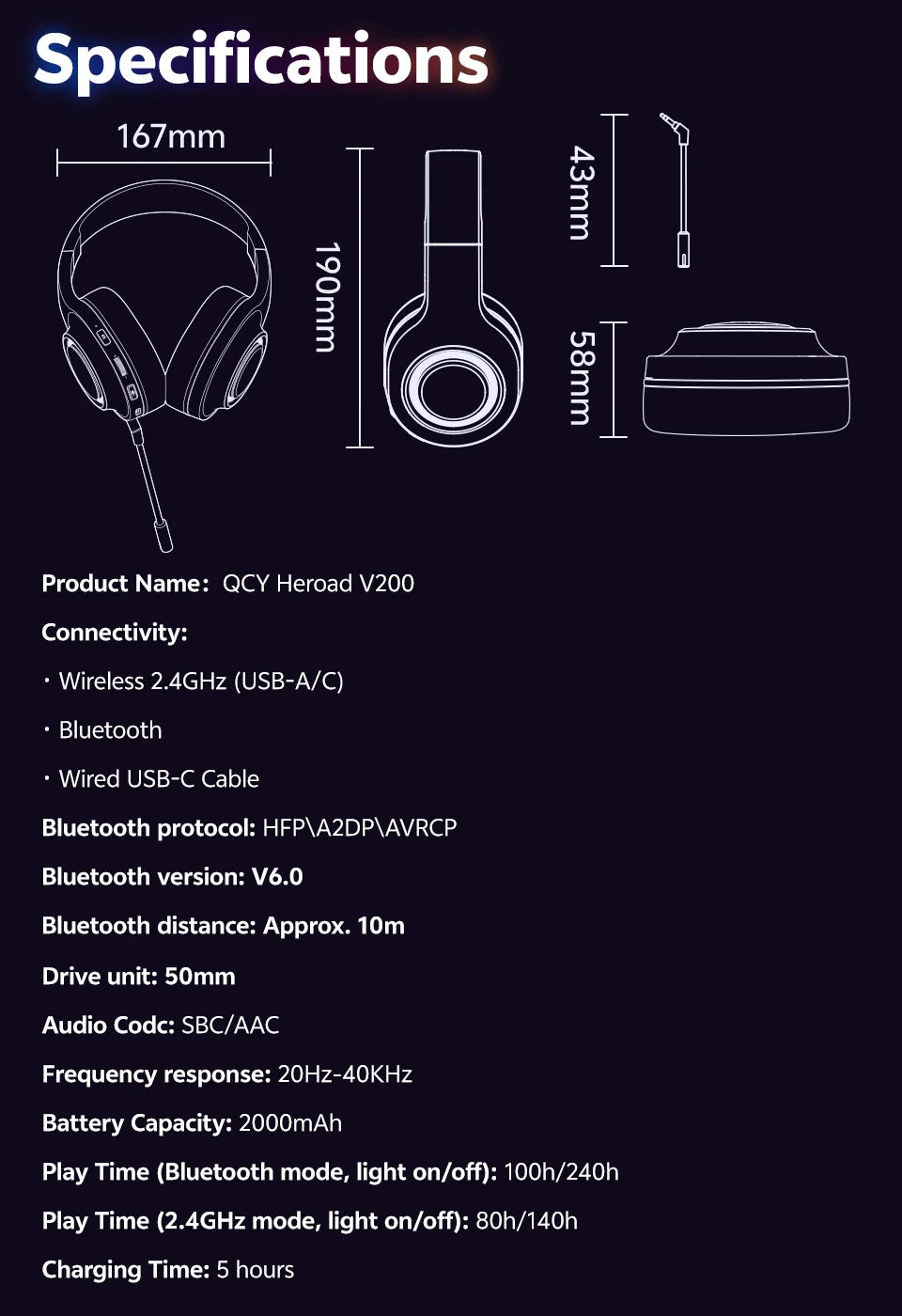QCY Heroad V200 Gaming Headset with Mic Tri-Mode RGB Over Ear Headphones 7.1 Surround Sound 50mm Drivers for PC Headset Gamer