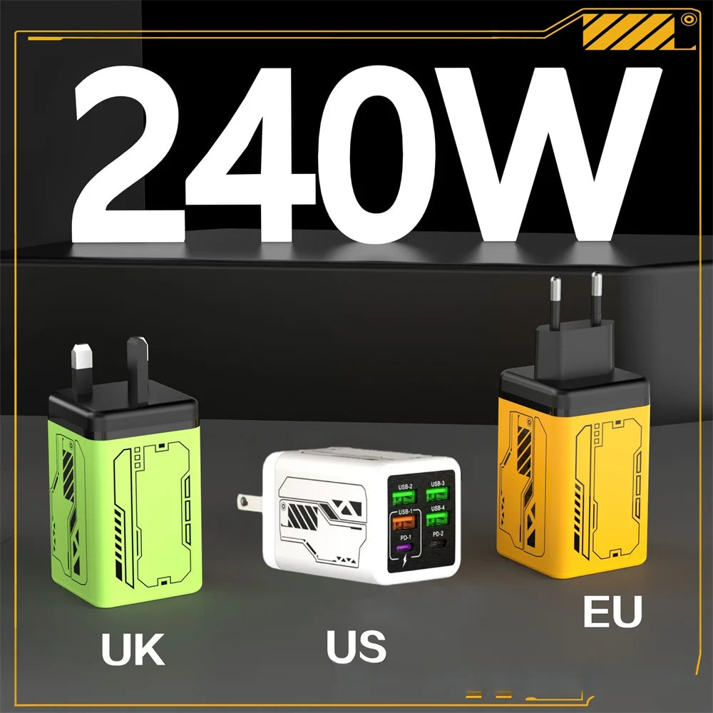 6 in 1 240W Type C Charger PD Fast Charging Phone Power Adapter For iPhone Samsung Xiaomi EU/US Plug Quick Charge Wall Charger