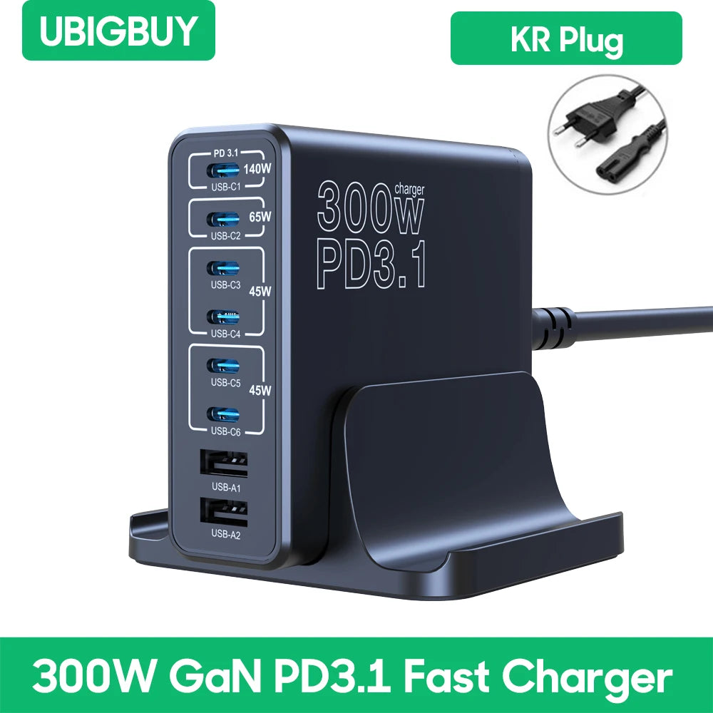 Ubigbuy 300W USB C Fast Charger Multi Port GaN 140W PD 3.1 Charging Station PPS 100W 45W for MacBook Pro M2 iPhone 15 14 Galaxy