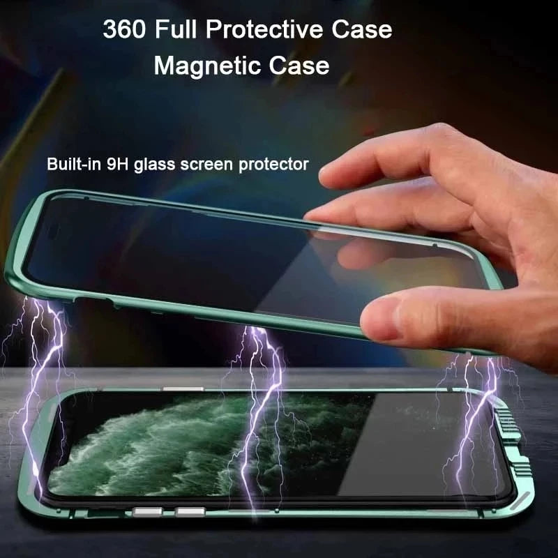 360°Full Protection Metal Magnetic Phone Case For IPhone 16 Pro Max 14 13 12 11 15 Pro Max X XS XR Plus Double-Sided Glass Cover
