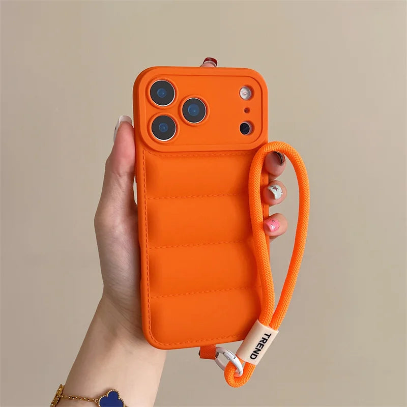 Luxury Down Jacket Puffer Wrist Strap Phone Case for Samsung Galaxy S25 Edge S24 S23 S22 S21 S20 FE Plus Ultra Soft Cover