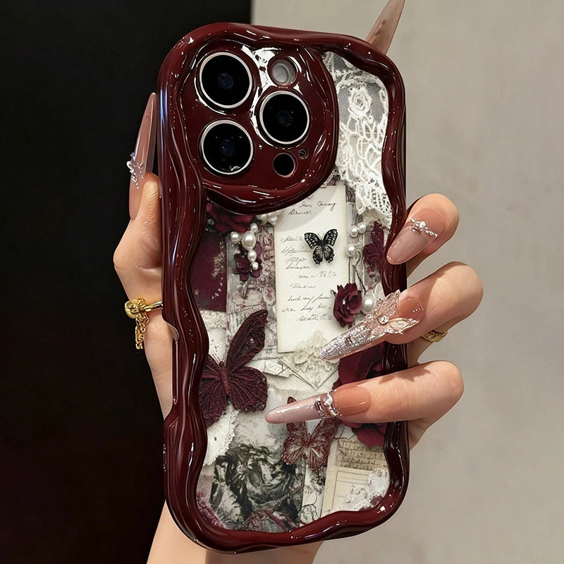 Butterfly Painted Flat Printing Wine Red Cream Texture Soft Phone Case For iPhone 17 16 15 14 13 12 11 Pro Max 16 Plus 17e Cover