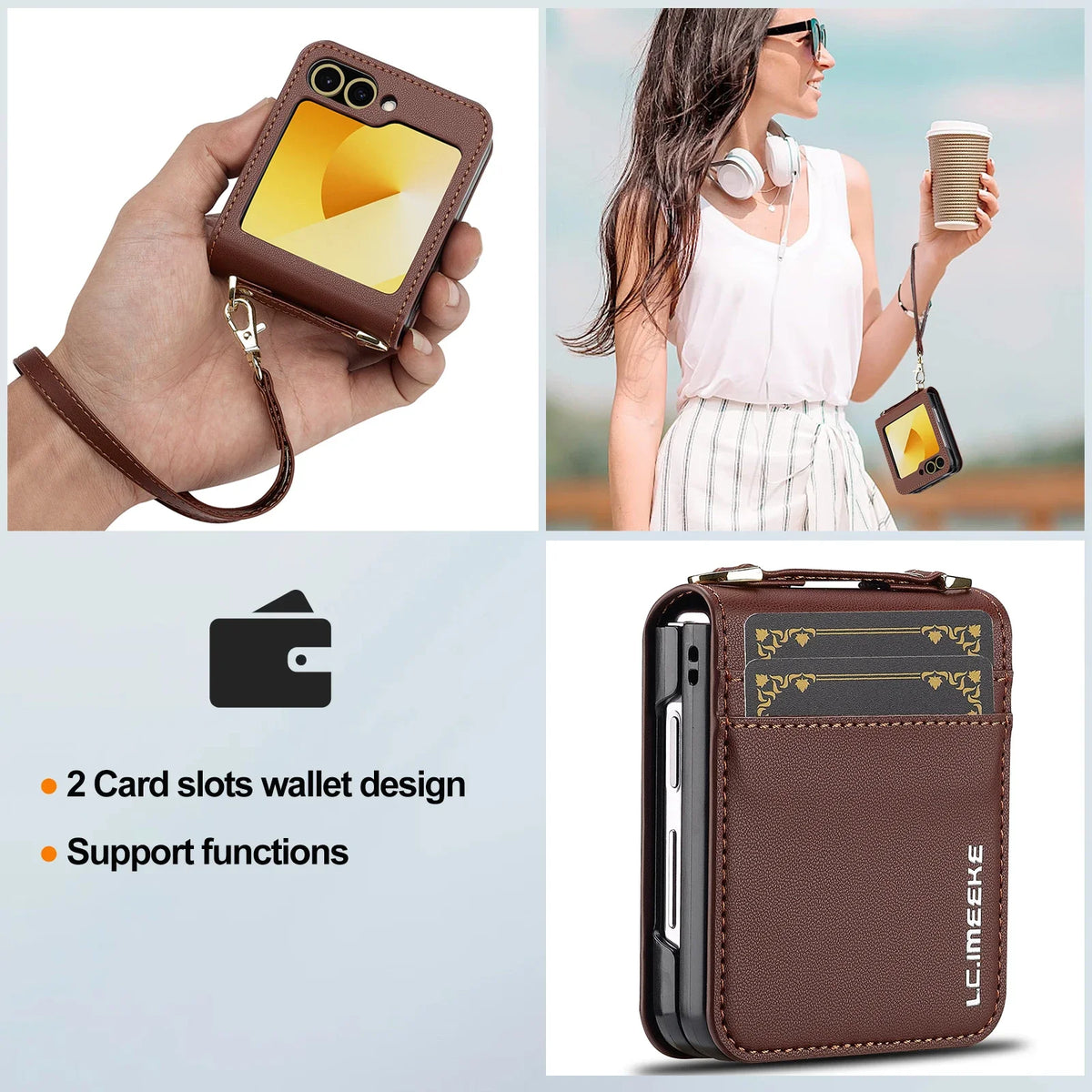 Crossbody Cards Solt Wallet Leather Case For Samsung Galaxy Z Flip 8 7 FE 6 5 4 3 5G Flip6 Flip7 Hand Strap Lanyard Pocket Cover