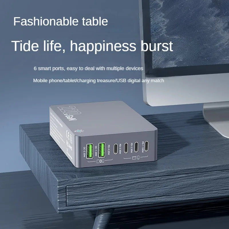 220W GaN Desktop Charger 6-Ports PD 100W USB Type C QC 3.0 Fast Charging Station for IPhone 16 Pro Tablet Macbook Samsung Laptop