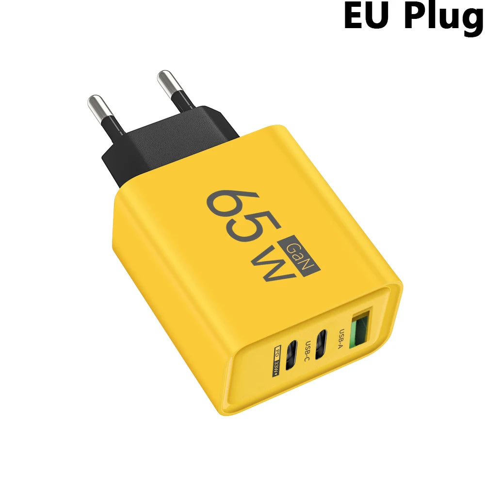 65W GaN Fast Charger PD 3.0 USB C Wall Charger 3 Ports QC3.0 For iPhone 15 16 Pro Samsung Xiaomi EU US Plug Mobile Phone Adapter